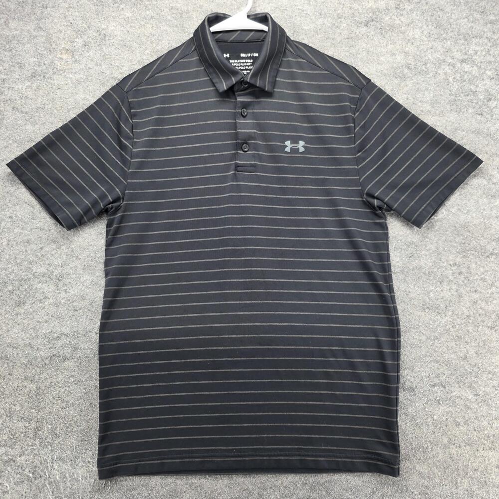 Under Armour Polo Shirt Mens Small Black Striped Play Up Golf Moisture Wicking